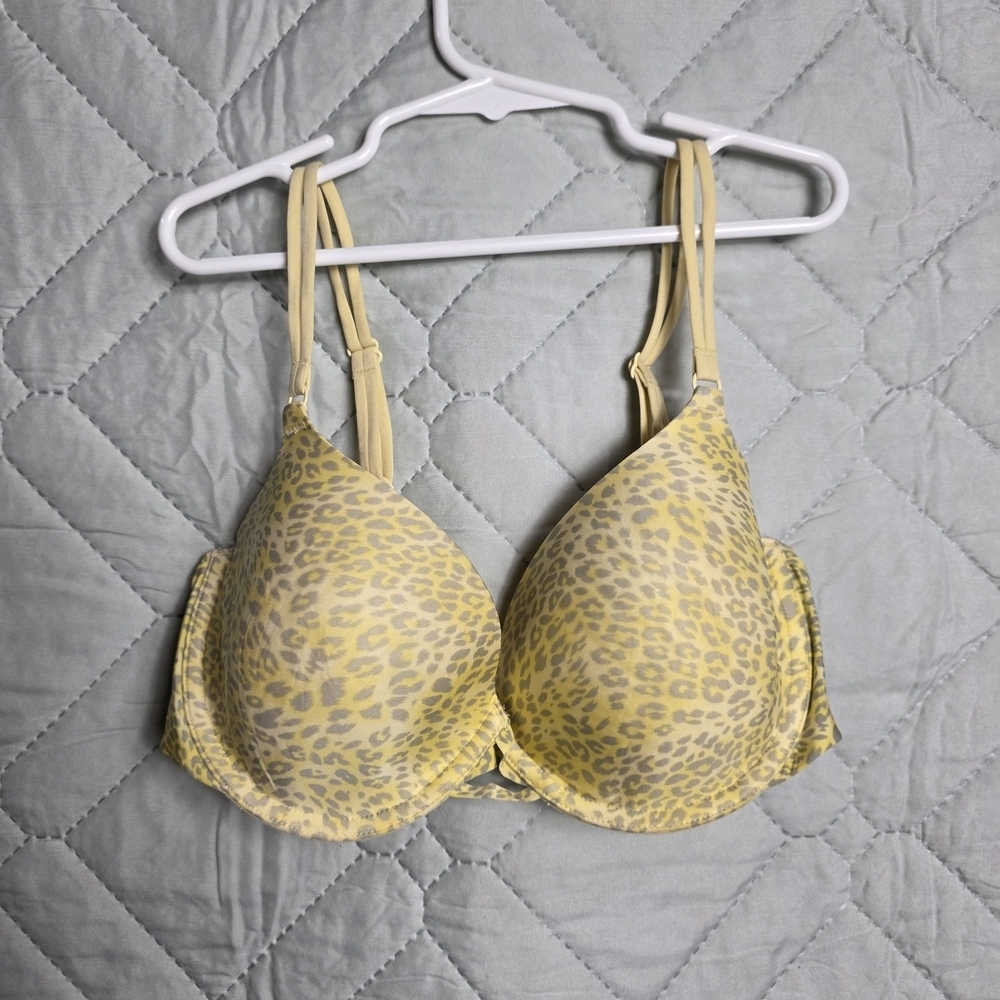 Victoria's Secret Padded Bra Push-Up Women Sz 34D Padded Plunge Leopard Yellow